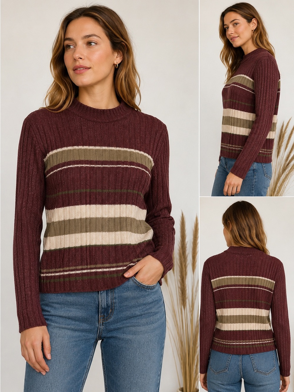 Vintage Red Fashion Nature 90s Striped Ribbed Mock Neck Sweater S